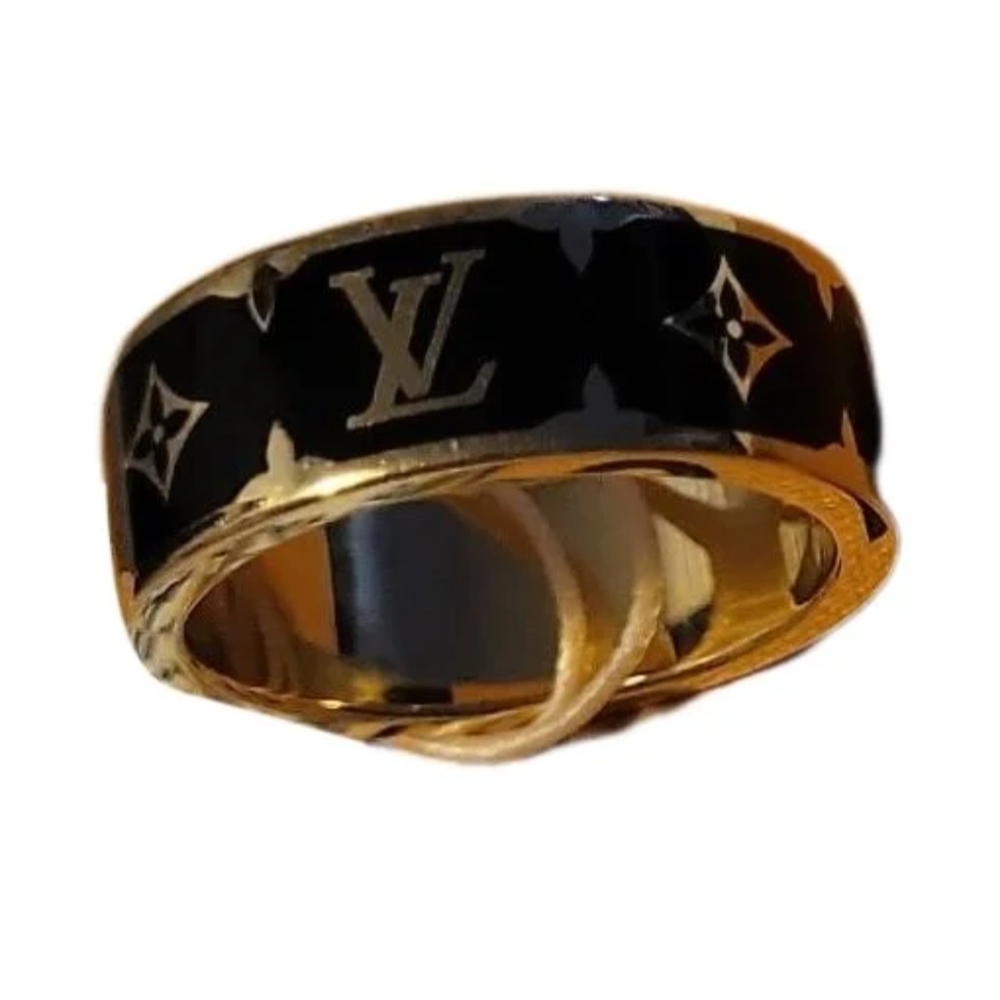 Louis Vuitton Black and Gold Monogram Band Ring
